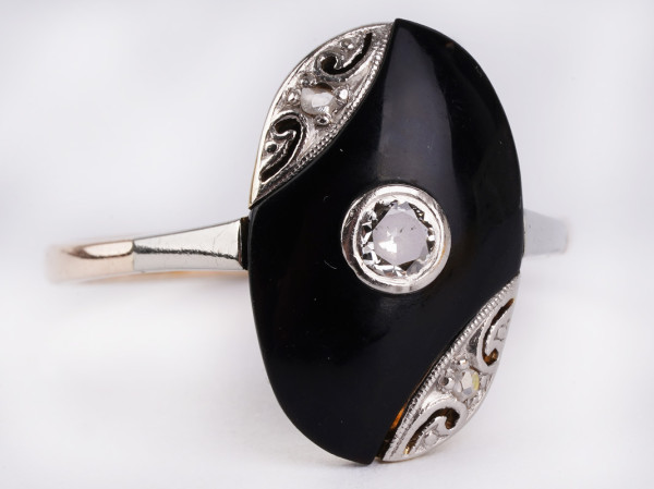 wunderbarer Art Deco Ring Onyx mit Diamanten aus 585 Gold Gr. 53