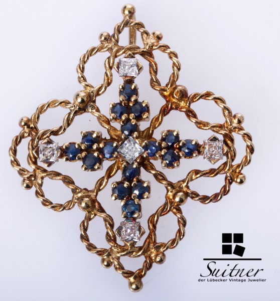 großes antikes Saphir Zirkonia Kreuz Anhänger aus 585 Gold filigran