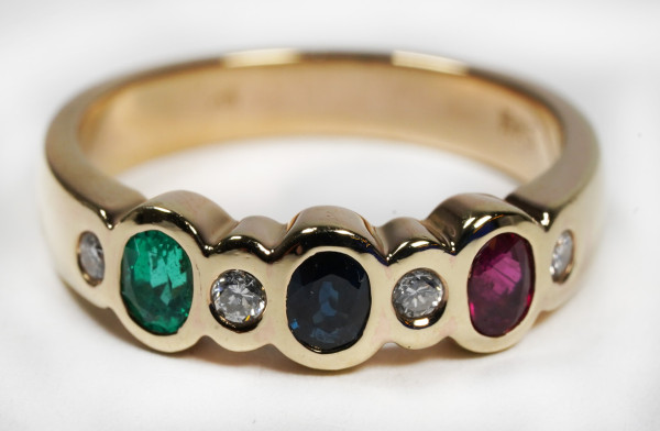 moderner Juwelen Saphir Rubin Smaragd Brillant Ring aus 585 Gold Gr. 55