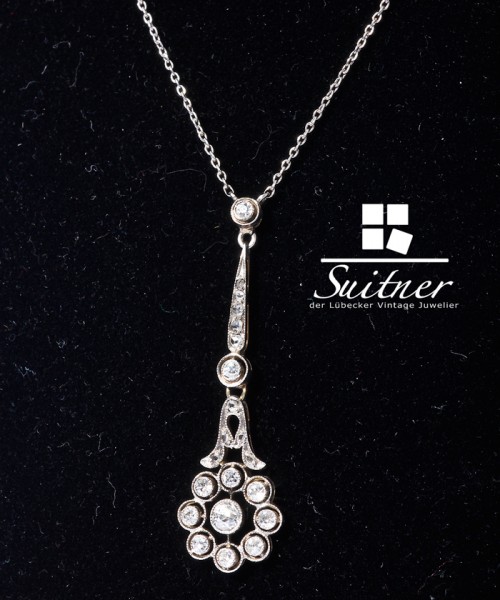 Jugendstil Lavaliere Platin Gelbgold Diamanten Kette zus. ca. 0,30 ct.