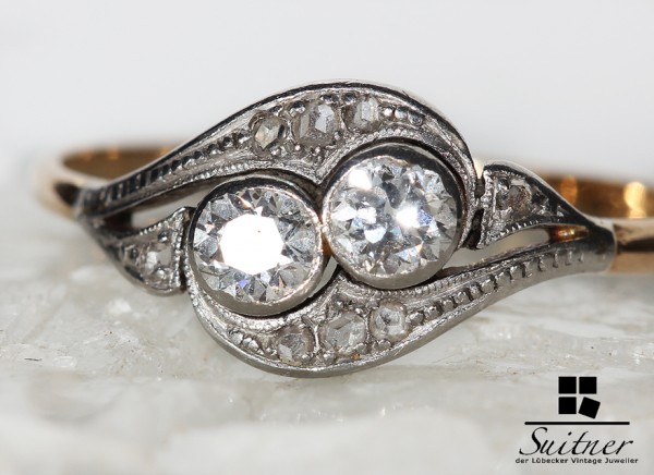 Antiker 585 Gold Cross over 0,50ct Diamant Ring Jugendstil Art Nouveau