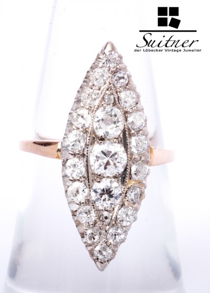 Art Deko Schiffchen Ring Diamanten zus. ca. 1,10 ct 585 Gold