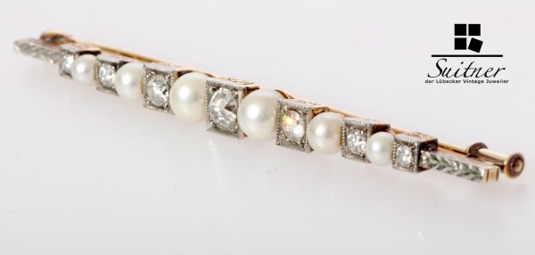 große Art Deco Brosche Perlen Diamanten Stabbrosche 585 Gold