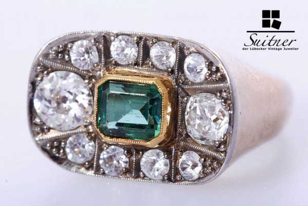 wertvoller antiker Art Deco 3,07ct. Diamant Ring Gold Gr 53 Turmalin