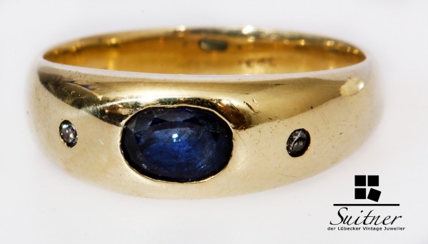 3-Stein Ring aus 585 Gold mit Saphir und Brillanten Bandring Ceylon Blau Gr. 54