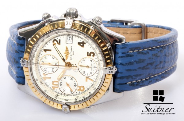 Breitling Chronomat Stahl/Gold D13050 blaues Lederarmband Vitesse GT