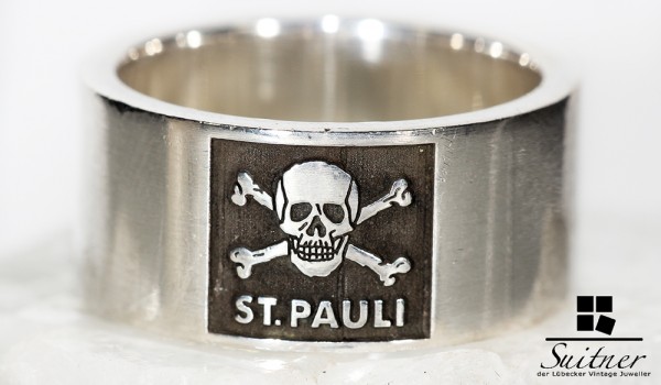 großer Fan Bandring von St. Pauli Fußball 925 Silber - mit Totenkopf