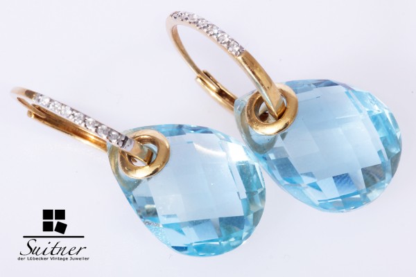Ohrringe Creolen Blautopas Lemon- Citrin Brillanten 750 Gold