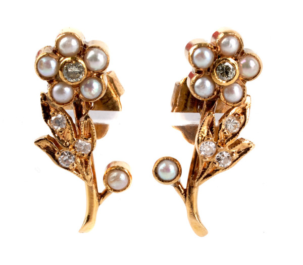 antike florale Ohrstecker 750 Gold Blumen Tahiti Saatperlen und Diamanten