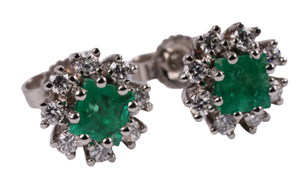 Vintage 1,62ct. Smaragd Brillant Ohrstecker aus 585 Weißgold Emerald Green