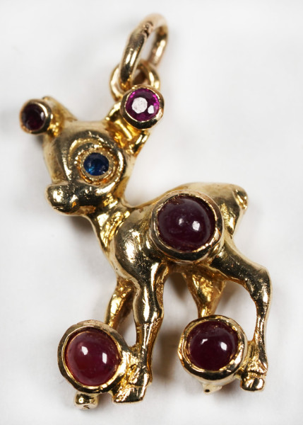 schöner 3D Anhänger Rehkitz Bambi mit Rubin 333 Gelbgold