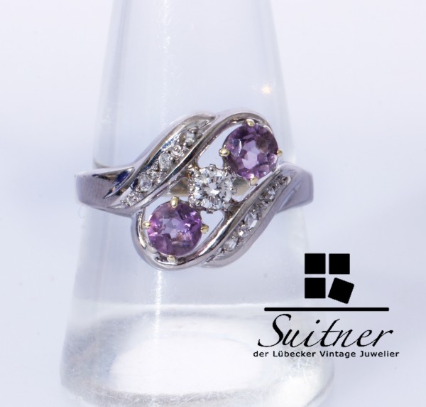 Amethyst Brillant 0,13 ct Ring 585 Weißgold / Gelbgold Größe 58 antik Stil