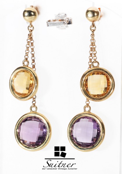 prachtvolle Ohrhänger mit Citrin und Amethyst in 585 Gold XL Kugeln