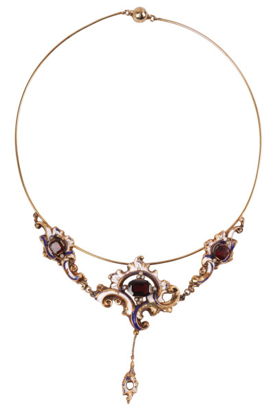 antikes Collier Russland Gold mit Almandin Granat und farbiger Emaille