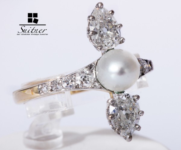 Luxus Ring Art Deco aus Gold und Platin mit Diamant Tropfen 