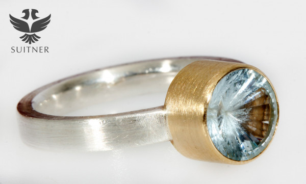 Unikat Ring Handarbeit aus 750 Gold und 925 Silber Aquamarin Gr. 54