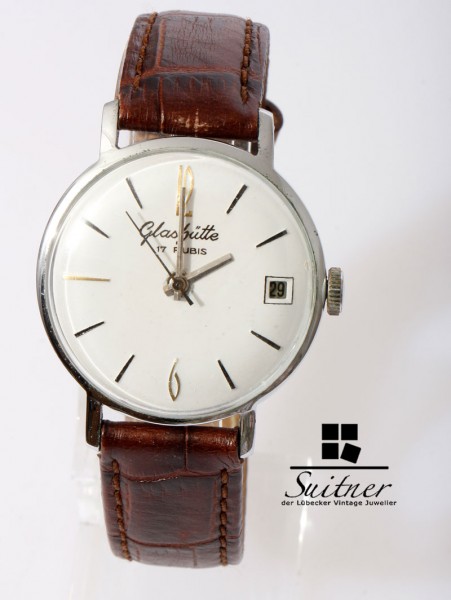 Glashütte Uhr 69.1 GUB Datum Handaufzug Lederarmband Stahl