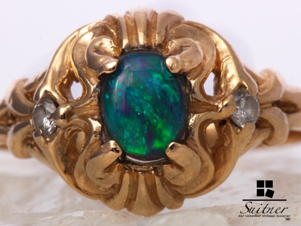 Antiker schwarz Opal Ring 585 Gelbgold Diamanten Gr. 53 Black Gold