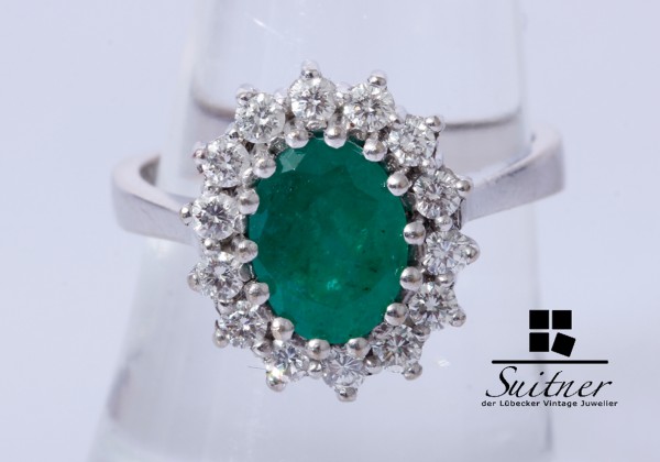 2,32ct. großer Smaragd Brillant Ring 585 Weißgold Gr. 54 Gold Entourage