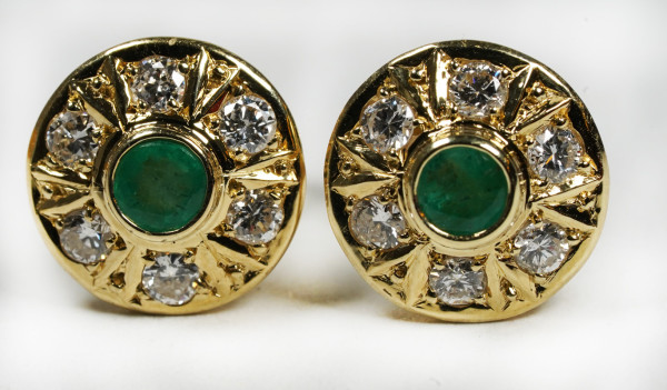 tolle runde Vintage 0,68ct. Smaragd Brillant Ohrstecker aus 585 Gold