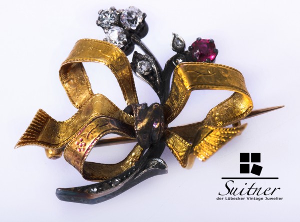 Antike 585 Gold Brosche Diamant Rubin Schleife Jugendstil Art Nouveau