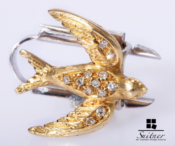 Brosche Schwalbe 750 Gold Weißgold Diamanten ca. 0,12ct Bird