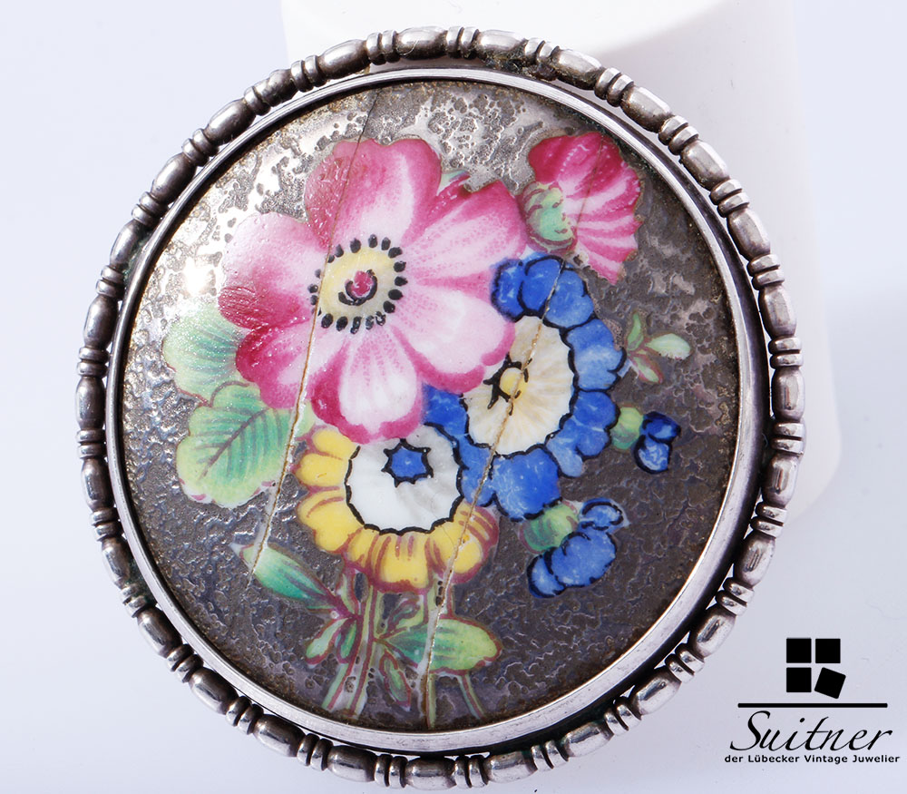 antike Rosenthal Brosche 835 Silber Porzellan Blume | Juwelier Archiv | der Lübecker Vintage Juwelier
