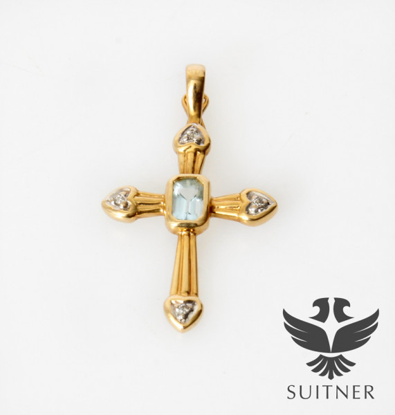 Anhänger Kreuz Brillanten Aquamarin 585 Gelbgold
