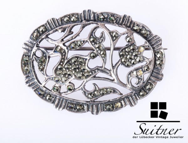 Wunderschöne Art-Deco Brosche aus 925 Silber mit Markasitbesatz Hirsch Blumen