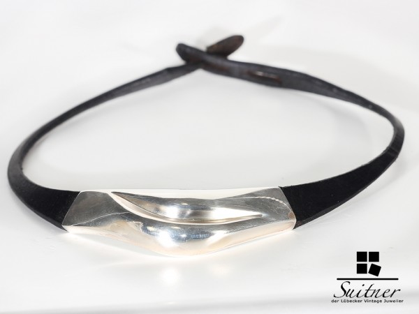 seltenes Collier Lapponia aus Silber mit Leder - Necklace Weckström