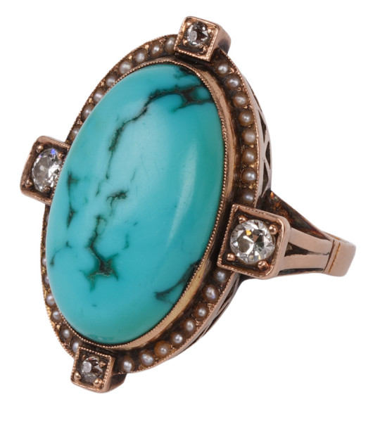 antiker Türkis Ring mit Diamanten und Naturperlen aus 585 Rotgold Gr. 55