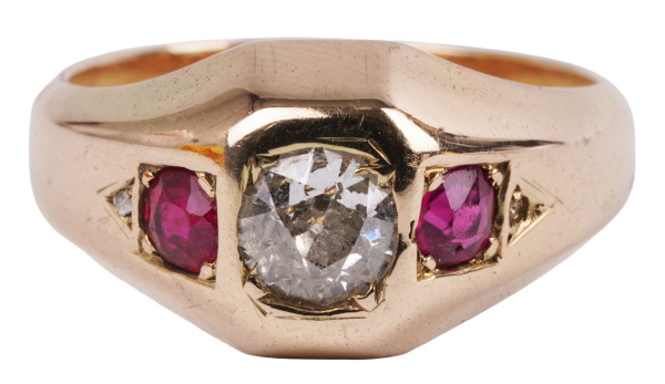 Antiker 1,20ct. Band Ring mit Cushion Diamant und Rubin aus 585 Gold Gr. 55