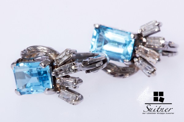 Ohrstecker mit Blautopas und Diamantbaguettes 585 Weißgold antik Art Deko