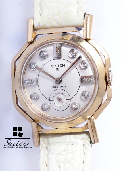 Gruen 21 Diamanten Art Deco Armbanduhr 585 Gold Deckel Uhr Precision 335 caliber