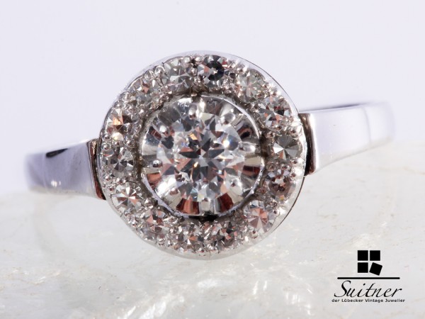 Art Deko Deco Diamant Ring Weiß Gold zus. ca. 0,65 ct. Solitär 585 Gr. 58