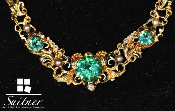 Turmalin Emaille Collier Juwelierskunst von Robert Merath 585 Gold Vintage