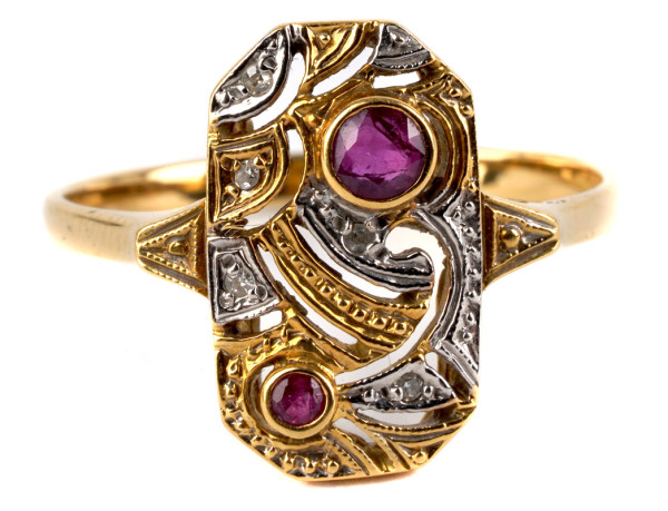 Jugendstil feiner Rubin und Diamant Ring aus 750 Gold Gr 62 Gelb Weißgold