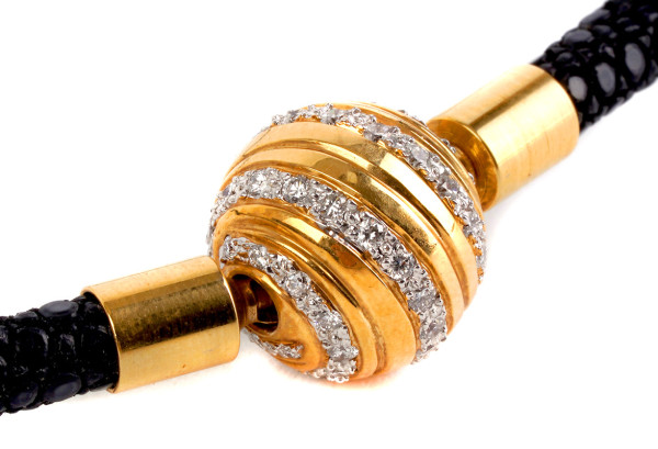 modernes Brillant Collier 750 Gold Wechselschloss Kugel Leder - Luxus