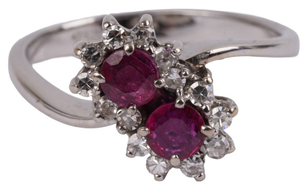 Vintage Cross over Ring mit 0,80ct Rubinen und Diamanten 750 Weißgold Gr. 51