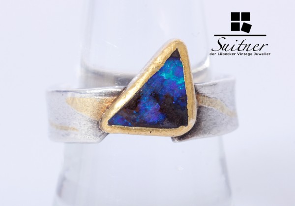 Unikat Design Ring aus 750 Gold und Silber Boulder Opal Blau Gr. 55