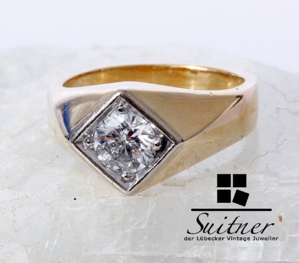 Solitär Brillant Herrenring 1,00 ct Ring 585 Gold Gr. 61 Wesselton G Farbe