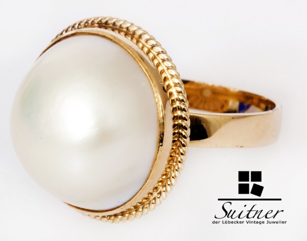 großer Vintage Mabe Perlen Ring aus 585 Gold Gr. 57 17mm Perle
