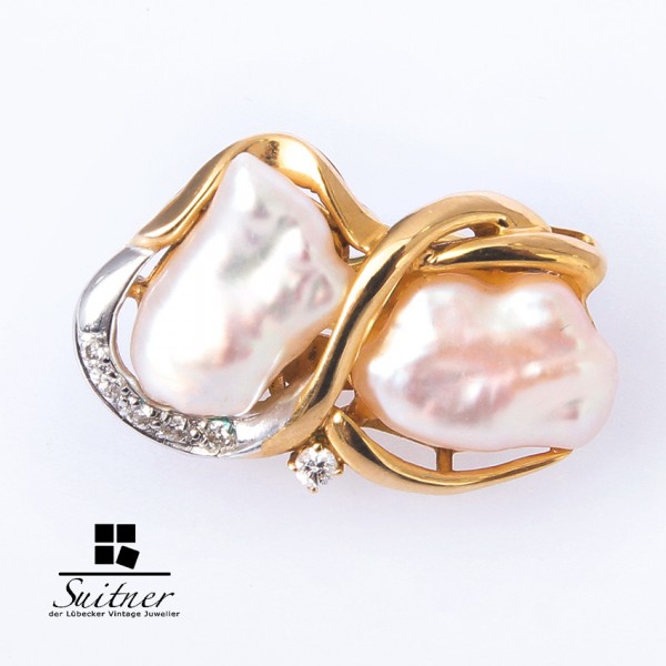 Biwa Perlen Ohrringe / Ohrclip mit Diamanten 585er Gelbgold
