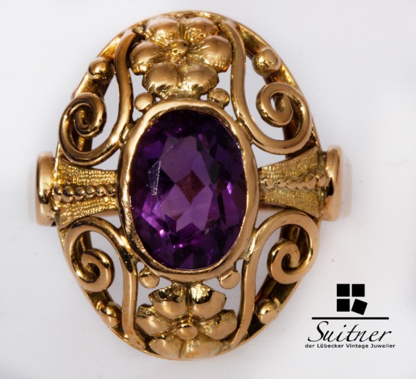 Vintage Blumen, Blüten und Ranken Ring mit Amethyst Lila 585 Gold Gr. 50