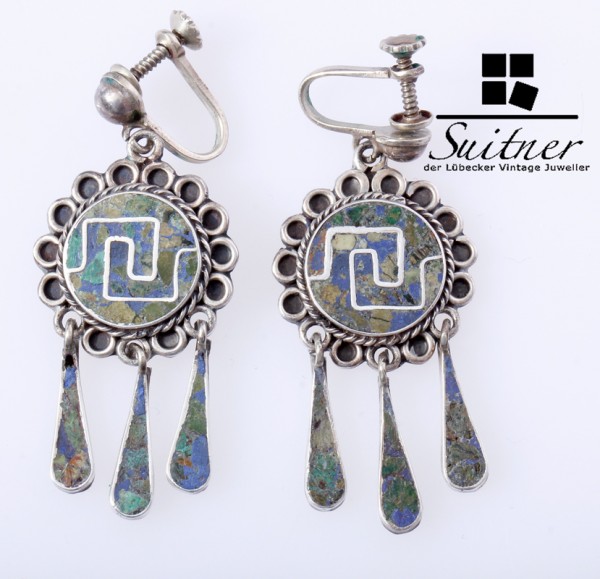 Paar dekorative Ohrhänger aus 925er Silber mit Lapislazuli-Einlagen