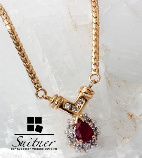 wertvolles Rubin Collier Brillanten 585 Gold Kette Handarbeit Ruby Rot