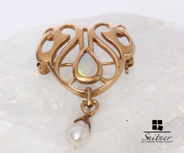 Jugendstil Brosche Opal Süßwasserzuchtperle aus 333 Gelbgold