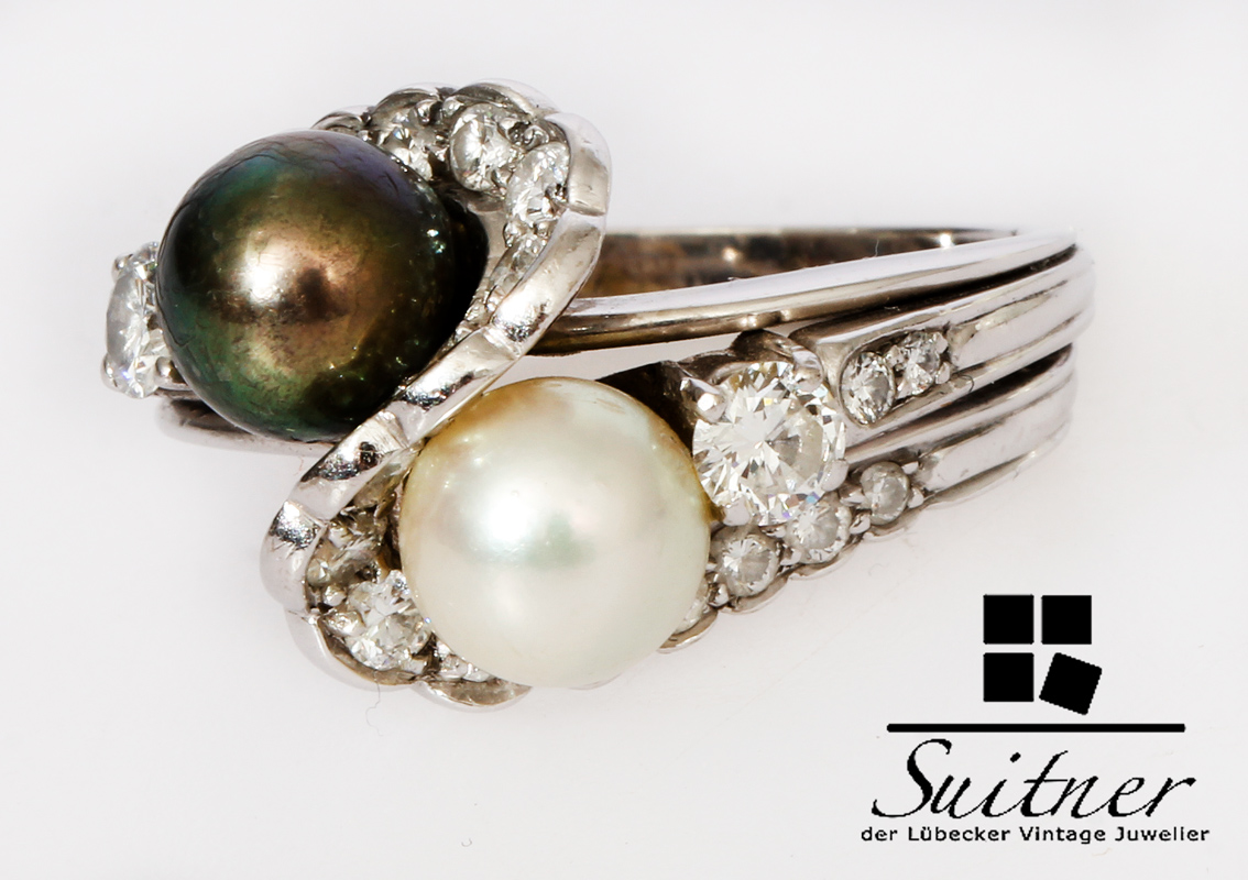 und Juwelier | Vintage wertvoller Dennis Brillant Gold Ringe Südsee | 54 | Lübecker Perlen Suitner Schmuck Unikat Tahiti - der 585 Weißgold Perle Ring Gr.