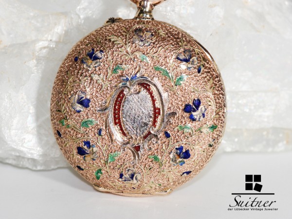 antike Taschenuhr aus 585 Gold mit Emaille Blumen Floral Jugendstil