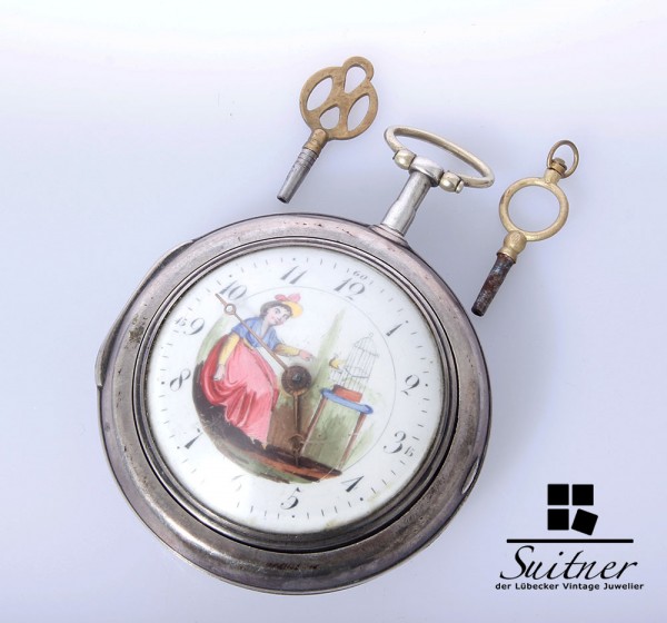 Seltene, große Spindeltaschenuhr mit Übergehäuse und Zifferblatt-Malerei - 800er/830er Silber